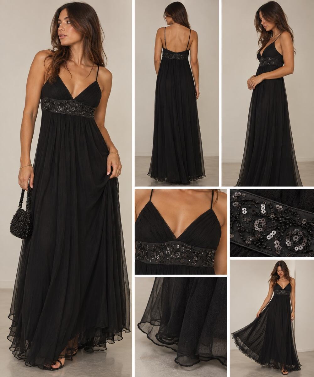 Vintage BCBGMAXAZRIA 100% Silk Beaded Maxi Dress Size 8 Black Y2K Witchy 90s